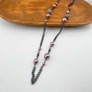 Vintage J. Crew Gunmetal Chain Pink Rhinestone Ball Necklace Long Glamour